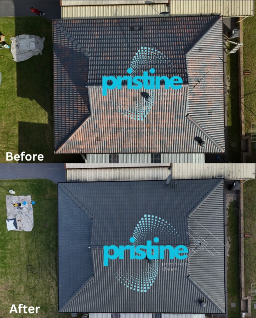 Before and after aerial view of a Sydney roof restoration
